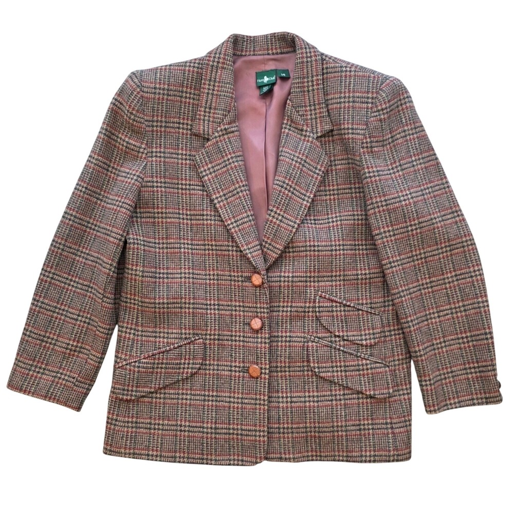 Vintage Hunt Club Brown Plaid Wool Blazer Women Academic Preppy 14 Petite 3